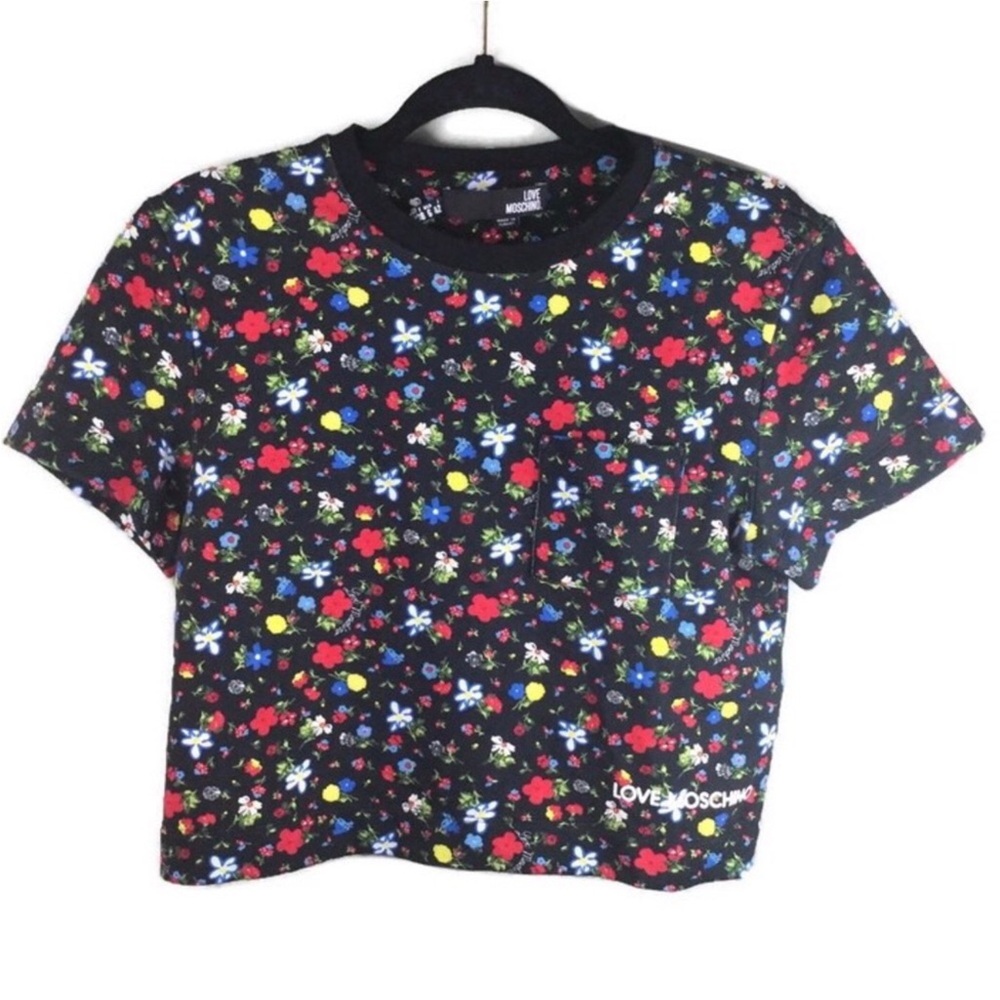 Love Moschino Colorful Dainty Floral Short Sleeve Cropped Black Sweatshirt Sz 6